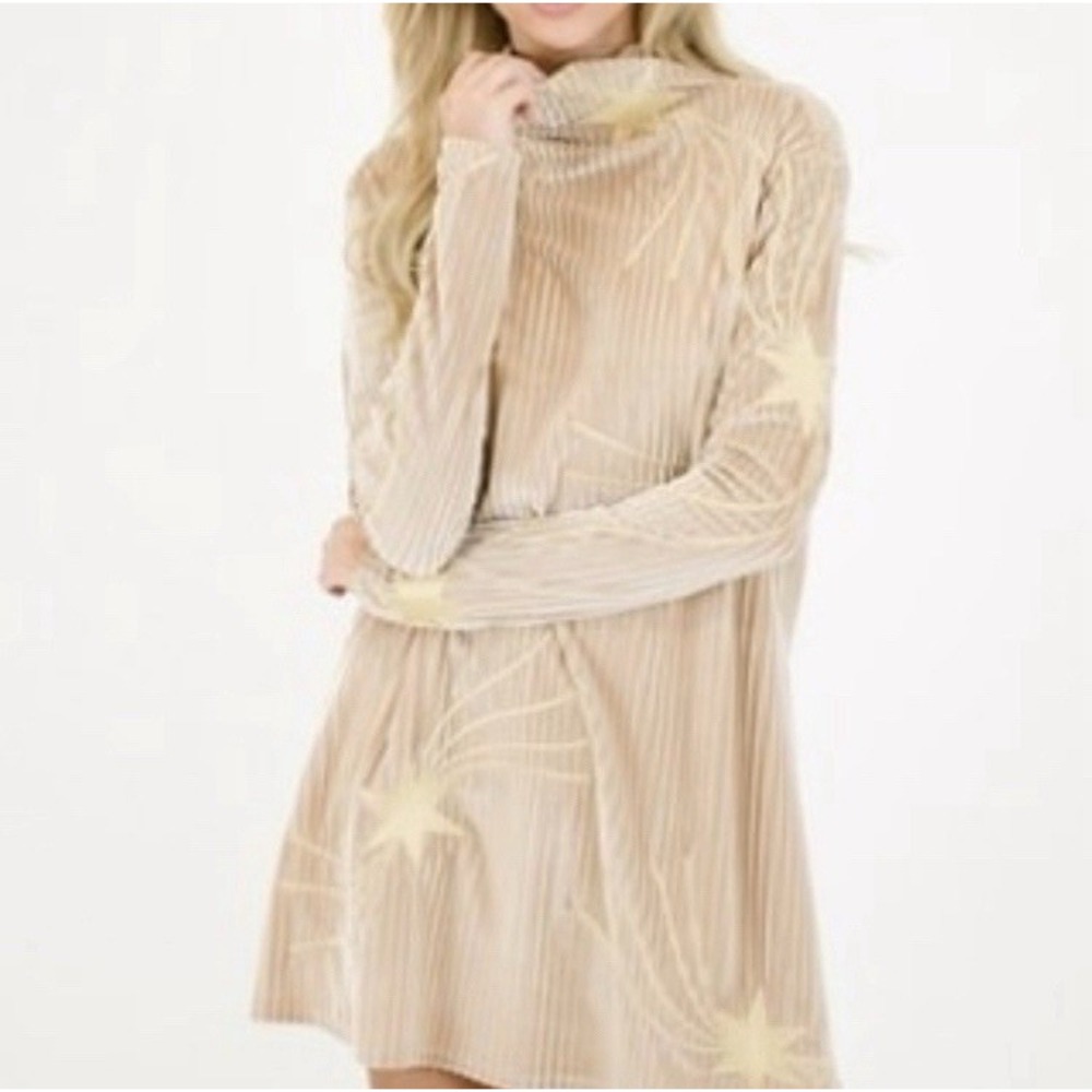 Judith March Tan Velvet Ribbed Star Embroidered Cowl Neck Tunic Dress Small